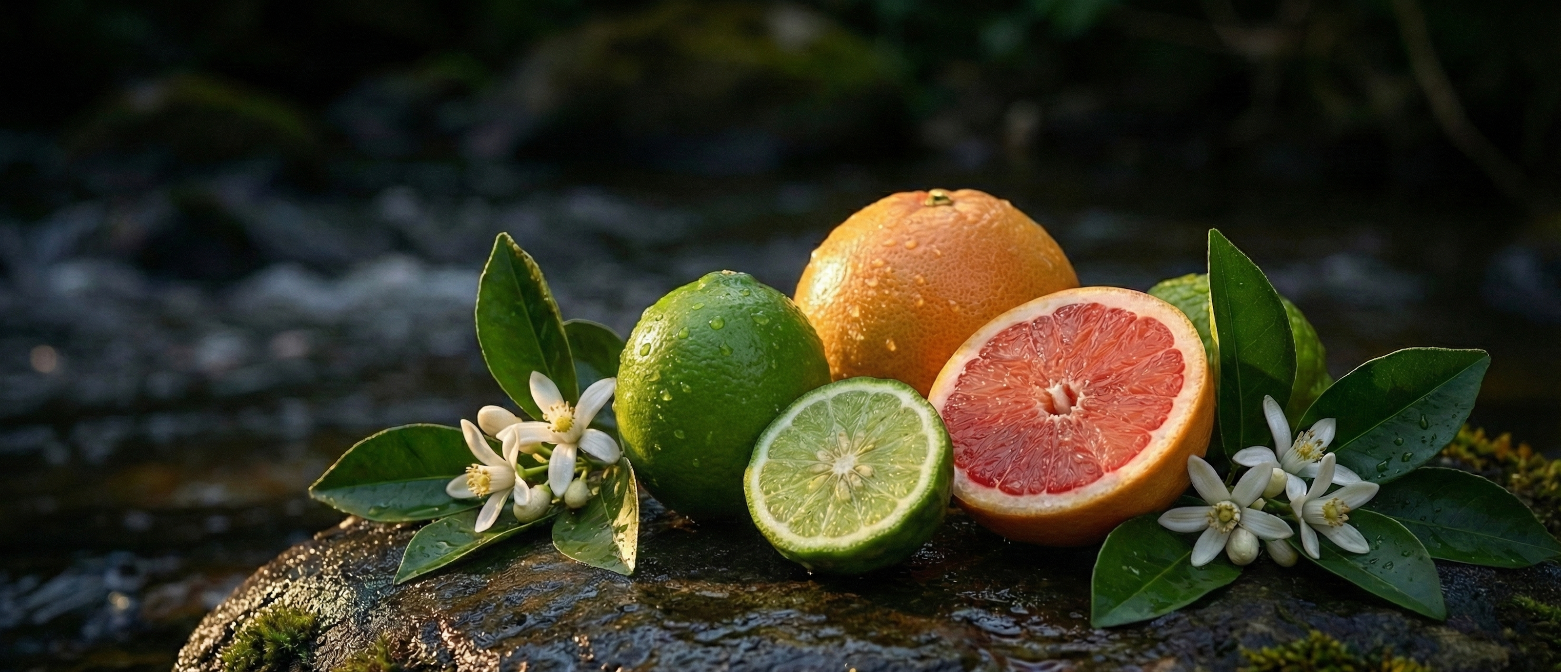 Citrus fruits including limes and a grapefruit with leaves on a dark background