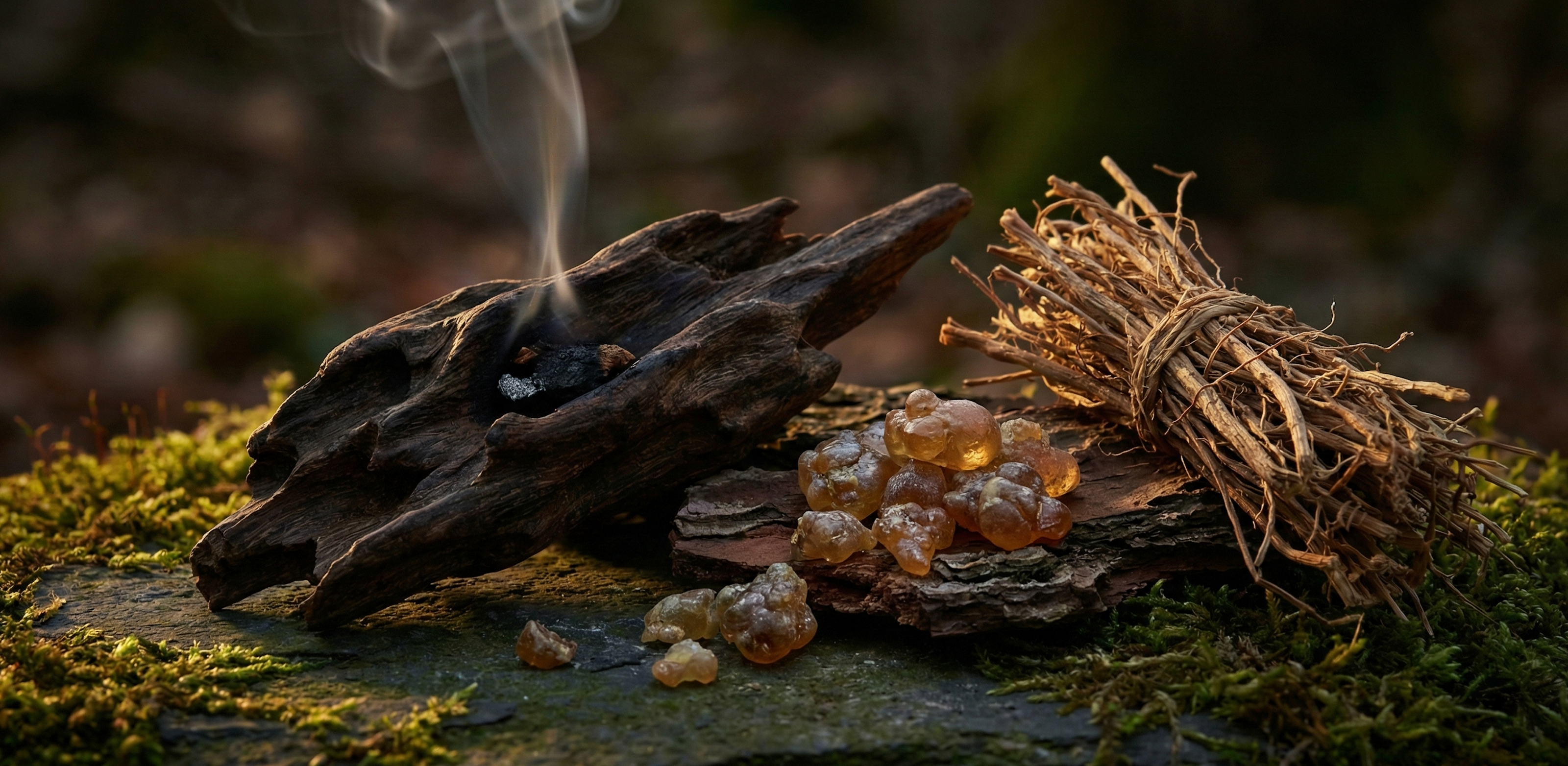 Wooden logs, berries, and twigs on a mossy surface with smoke rising.